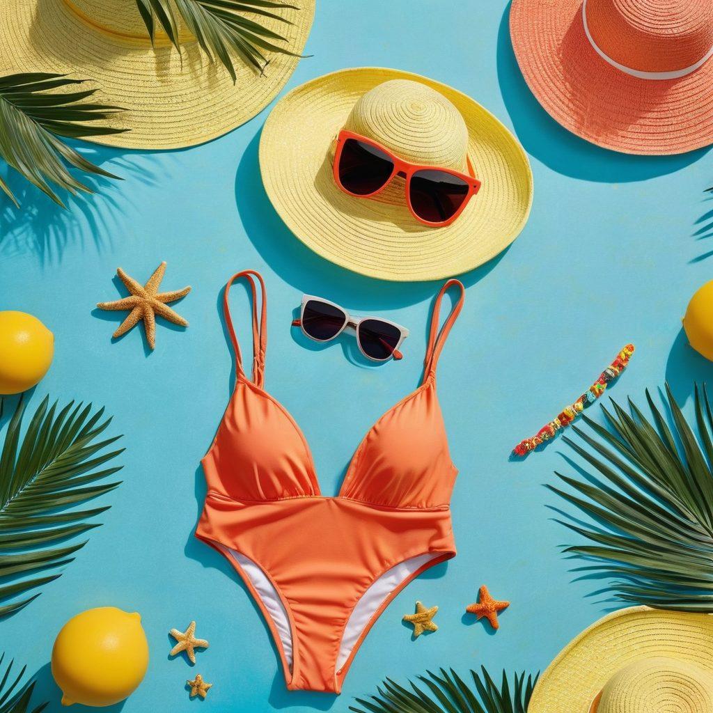 A vibrant summer scene showcasing a variety of stylish swimwear laid out on a sandy beach. Include colorful bikinis, trendy one-pieces, and accessories like sunglasses and beach hats. The backdrop features a bright blue ocean and clear sky, with palm trees swaying gently. Capture the essence of summer fun and beach fashion. super-realistic. vibrant colors. sunny atmosphere.